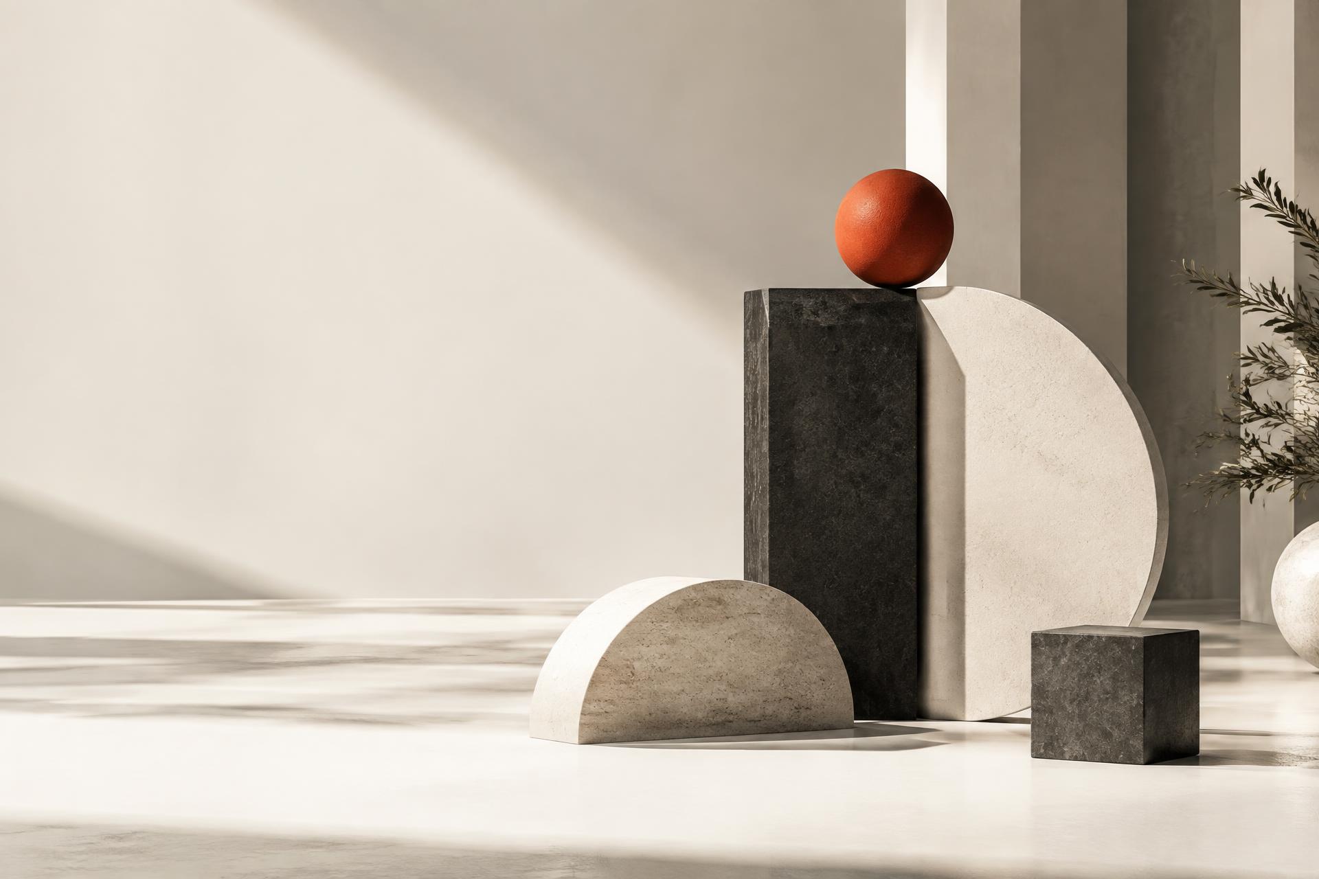 An orange sphere completing a sculptural arrangement of architectural forms